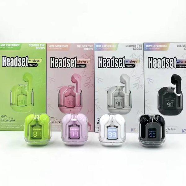 Air31 earbuds With SILICON POUCH wireless crystal Transparent and Bluetooth Air 31Type C